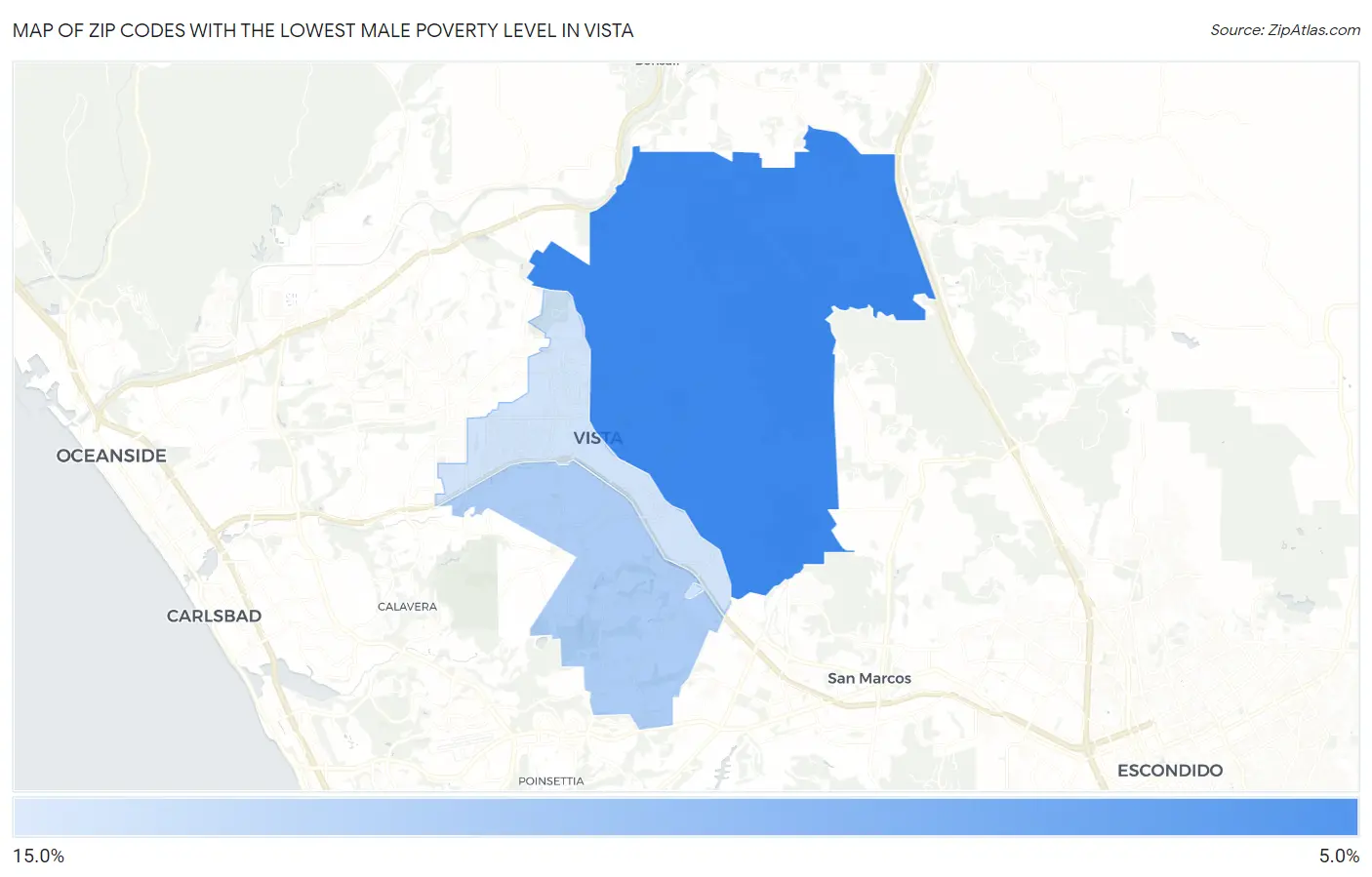 Zip Codes with the Lowest Male Poverty Level in Vista Map