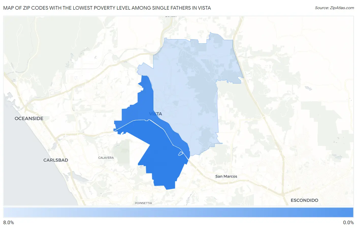 Zip Codes with the Lowest Poverty Level Among Single Fathers in Vista Map
