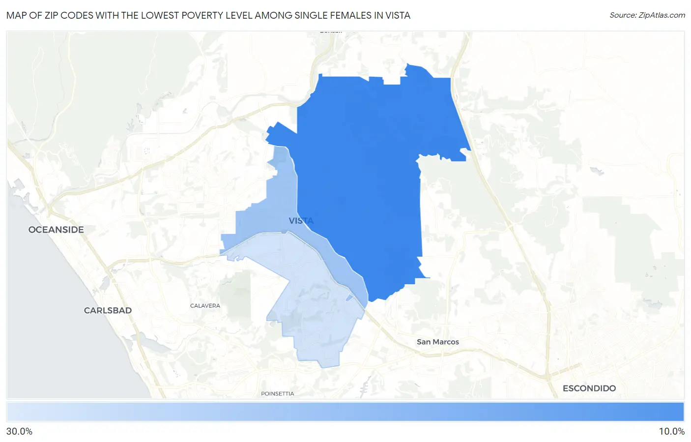 Zip Codes with the Lowest Poverty Level Among Single Females in Vista Map