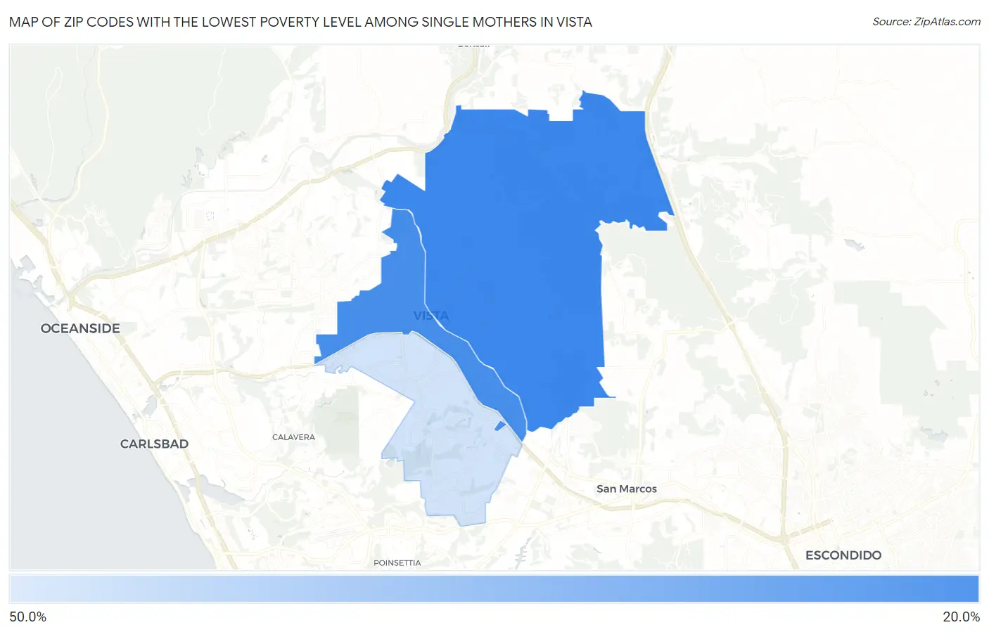 Zip Codes with the Lowest Poverty Level Among Single Mothers in Vista Map