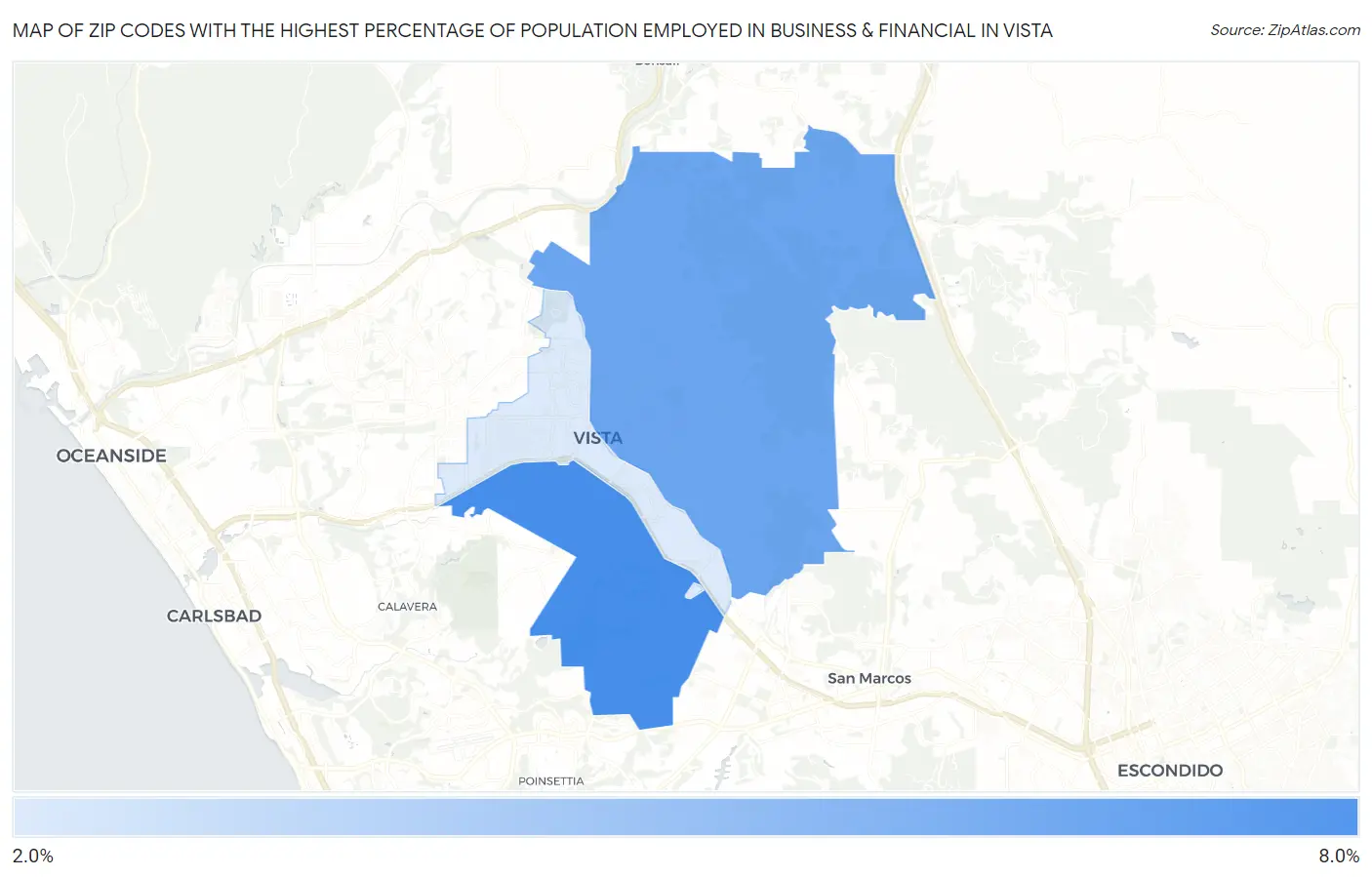 Zip Codes with the Highest Percentage of Population Employed in Business & Financial in Vista Map