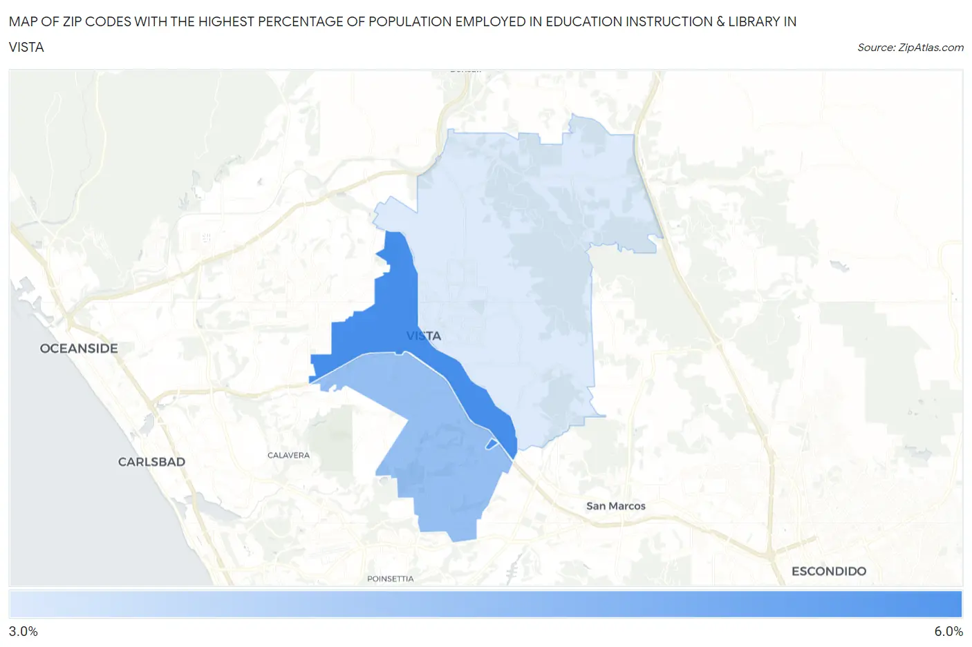 Zip Codes with the Highest Percentage of Population Employed in Education Instruction & Library in Vista Map