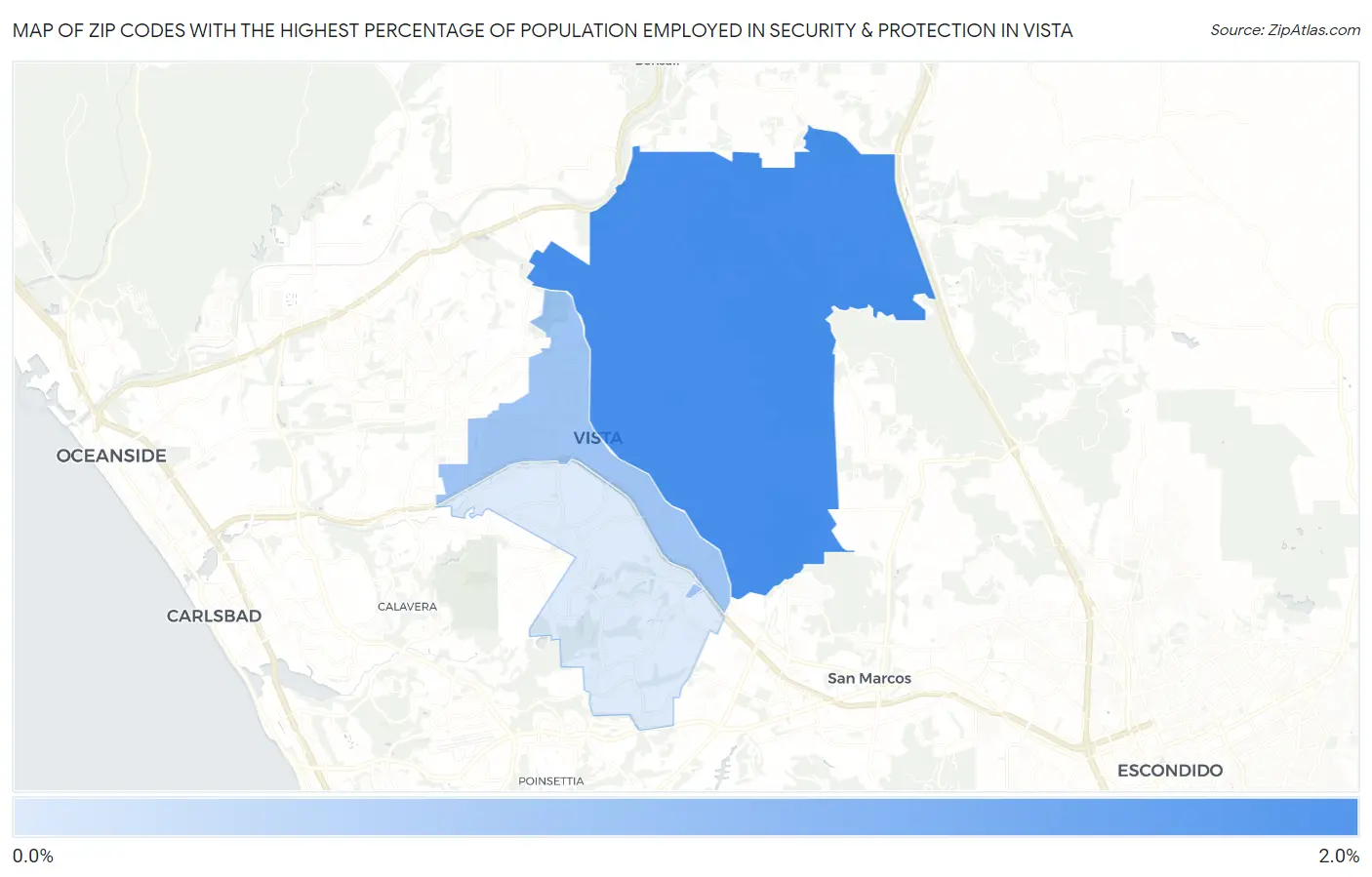 Zip Codes with the Highest Percentage of Population Employed in Security & Protection in Vista Map