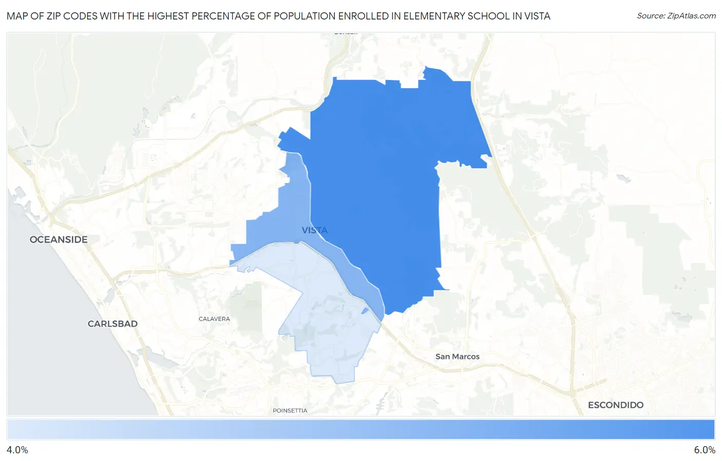 Zip Codes with the Highest Percentage of Population Enrolled in Elementary School in Vista Map
