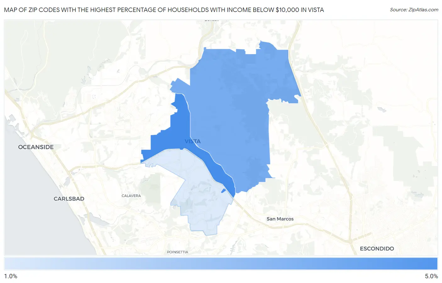 Zip Codes with the Highest Percentage of Households with Income Below $10,000 in Vista Map