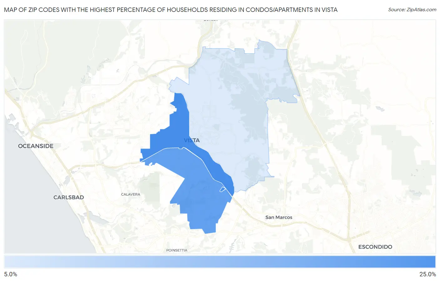 Zip Codes with the Highest Percentage of Households Residing in Condos/Apartments in Vista Map