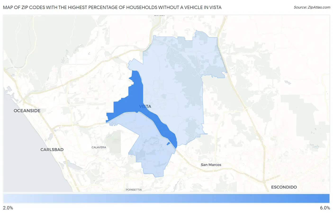 Zip Codes with the Highest Percentage of Households Without a Vehicle in Vista Map