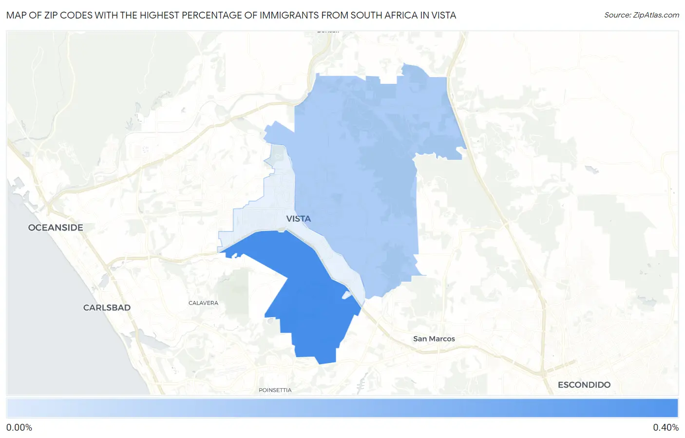Zip Codes with the Highest Percentage of Immigrants from South Africa in Vista Map