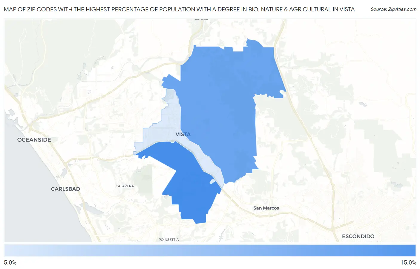 Zip Codes with the Highest Percentage of Population with a Degree in Bio, Nature & Agricultural in Vista Map