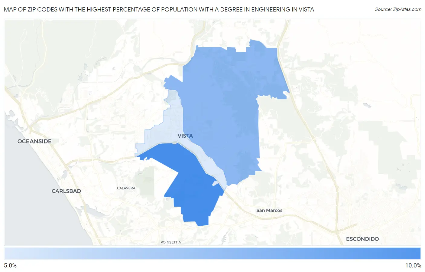 Zip Codes with the Highest Percentage of Population with a Degree in Engineering in Vista Map