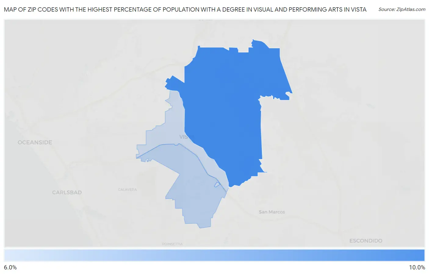 Zip Codes with the Highest Percentage of Population with a Degree in Visual and Performing Arts in Vista Map