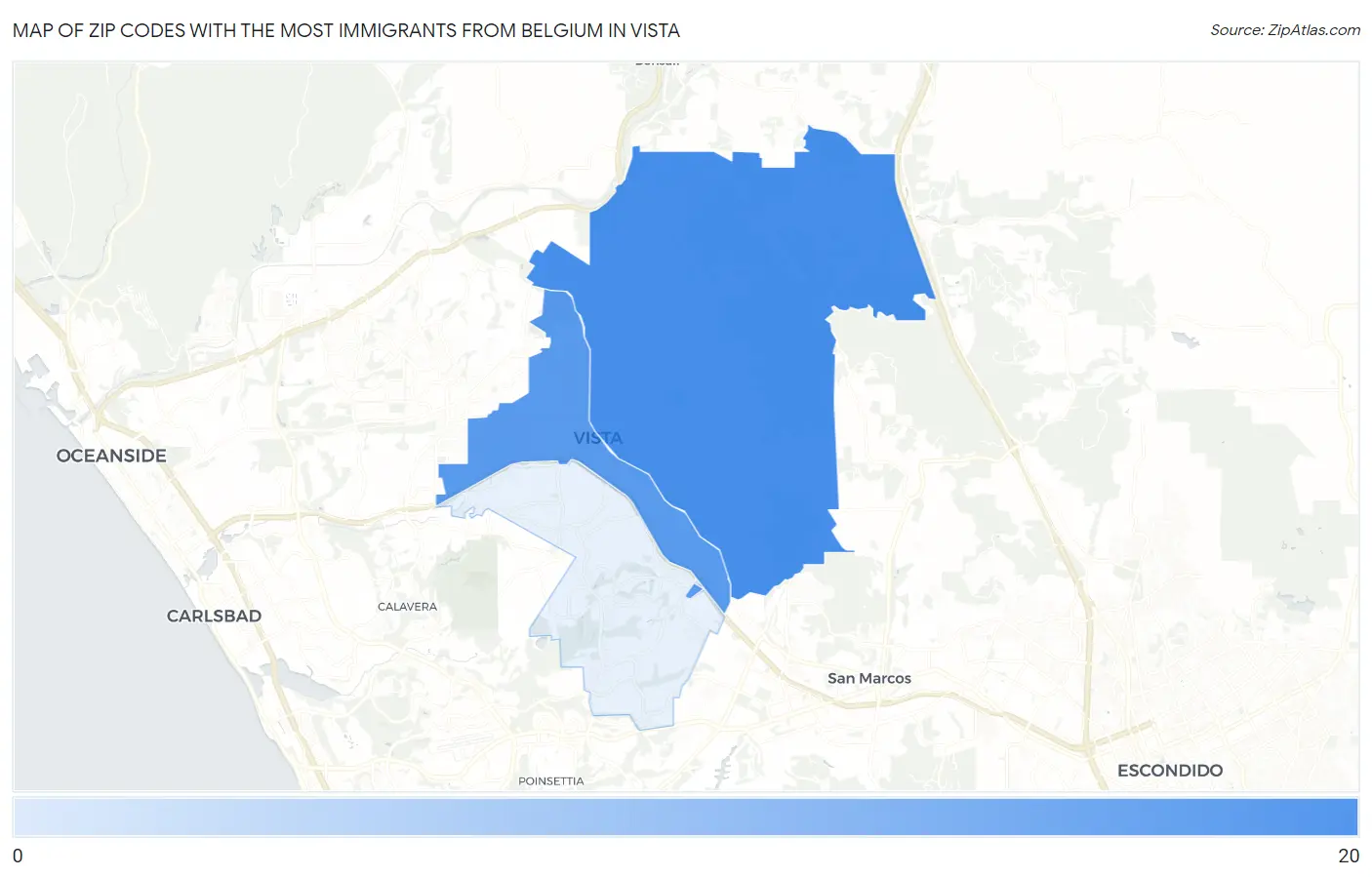 Zip Codes with the Most Immigrants from Belgium in Vista Map