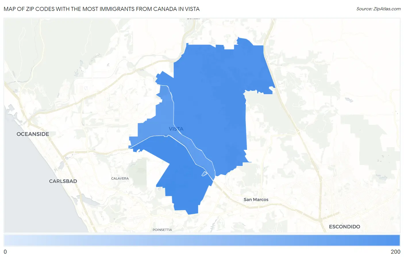 Zip Codes with the Most Immigrants from Canada in Vista Map