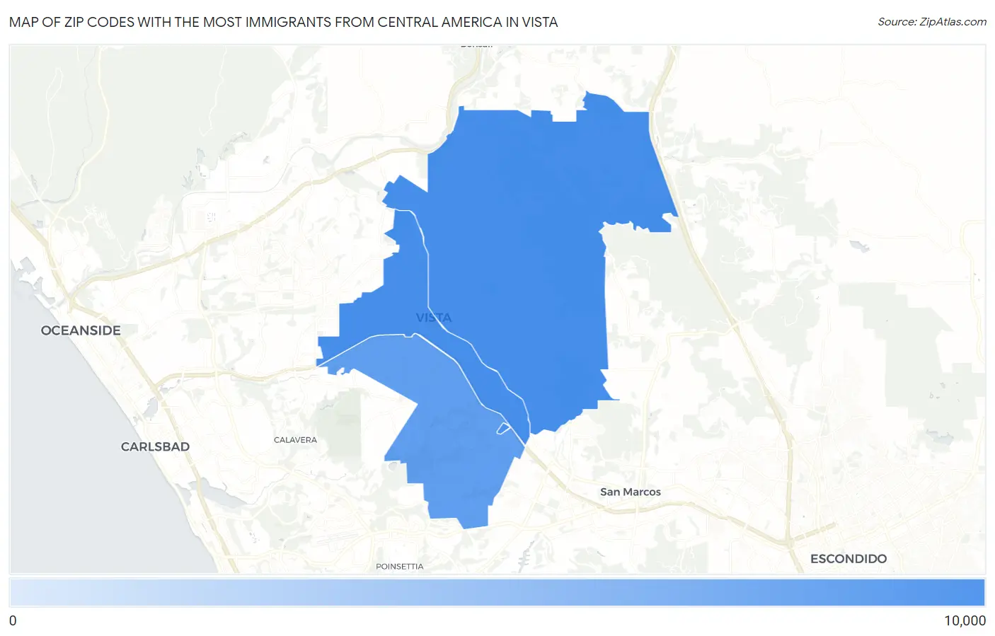 Zip Codes with the Most Immigrants from Central America in Vista Map