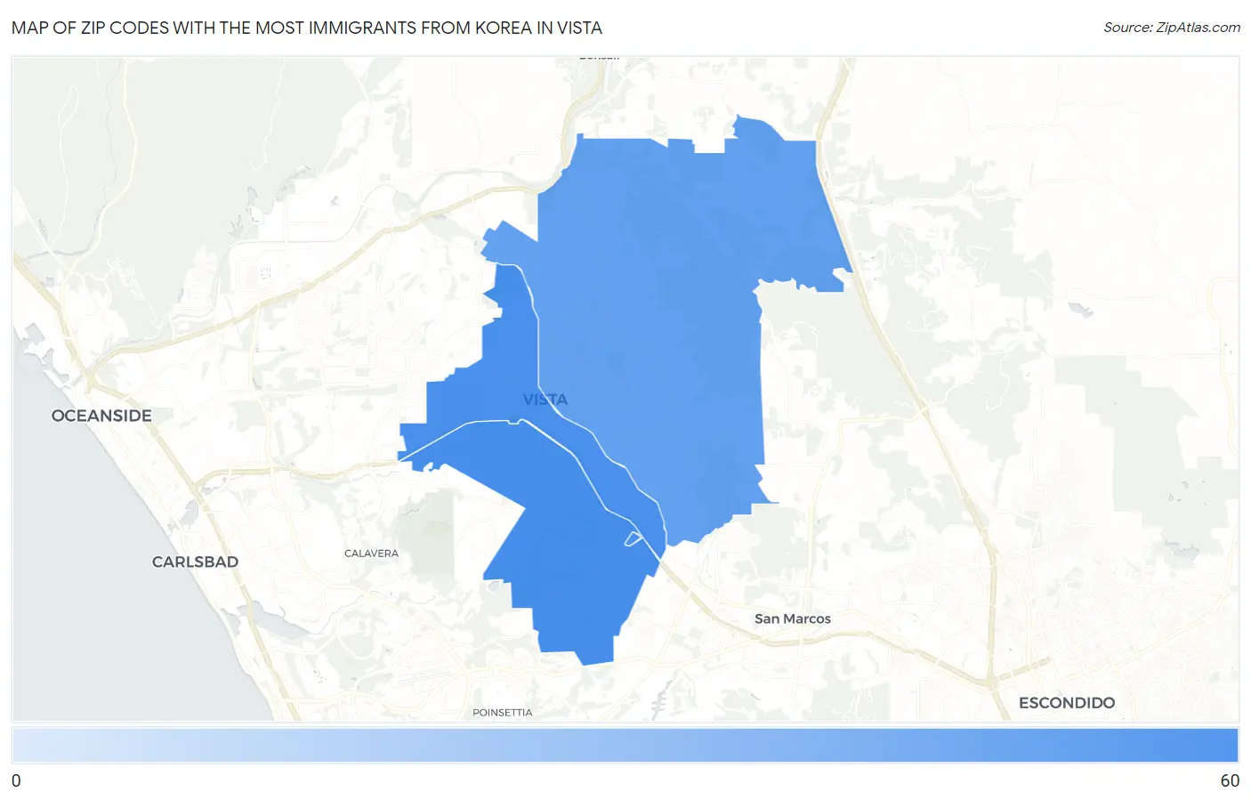 Zip Codes with the Most Immigrants from Korea in Vista Map