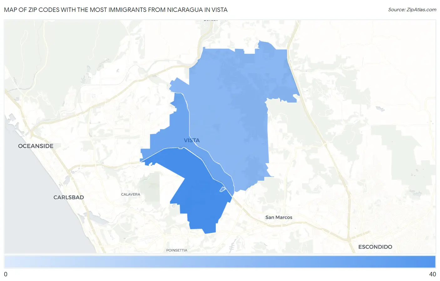 Zip Codes with the Most Immigrants from Nicaragua in Vista Map