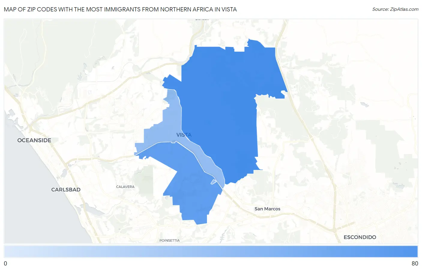 Zip Codes with the Most Immigrants from Northern Africa in Vista Map