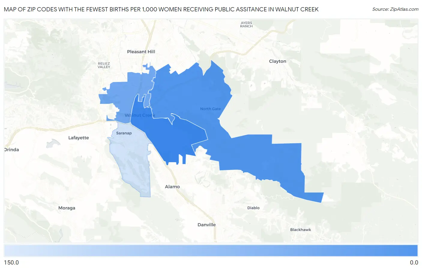 Zip Codes with the Fewest Births per 1,000 Women Receiving Public Assitance in Walnut Creek Map