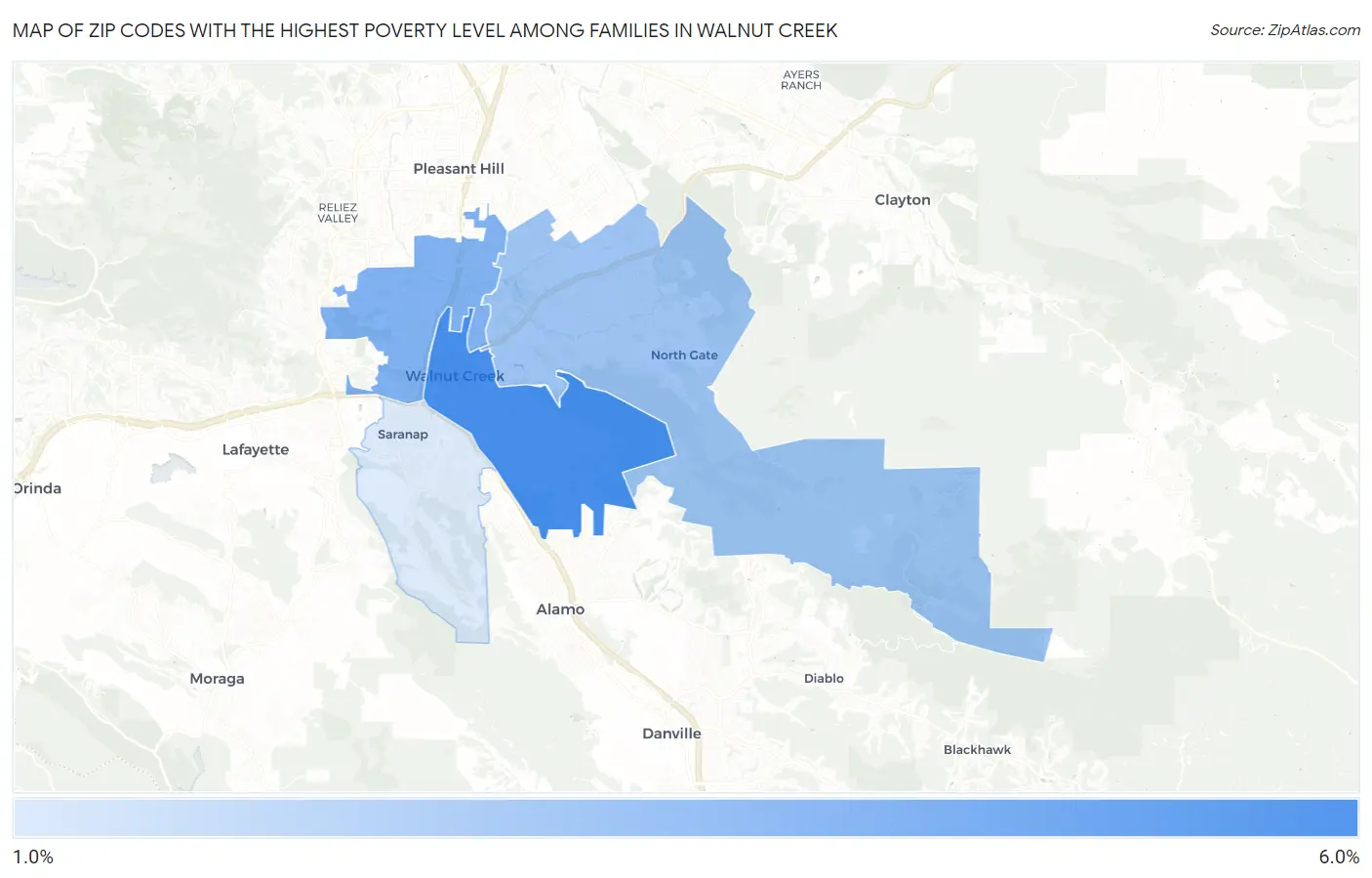 Zip Codes with the Highest Poverty Level Among Families in Walnut Creek Map