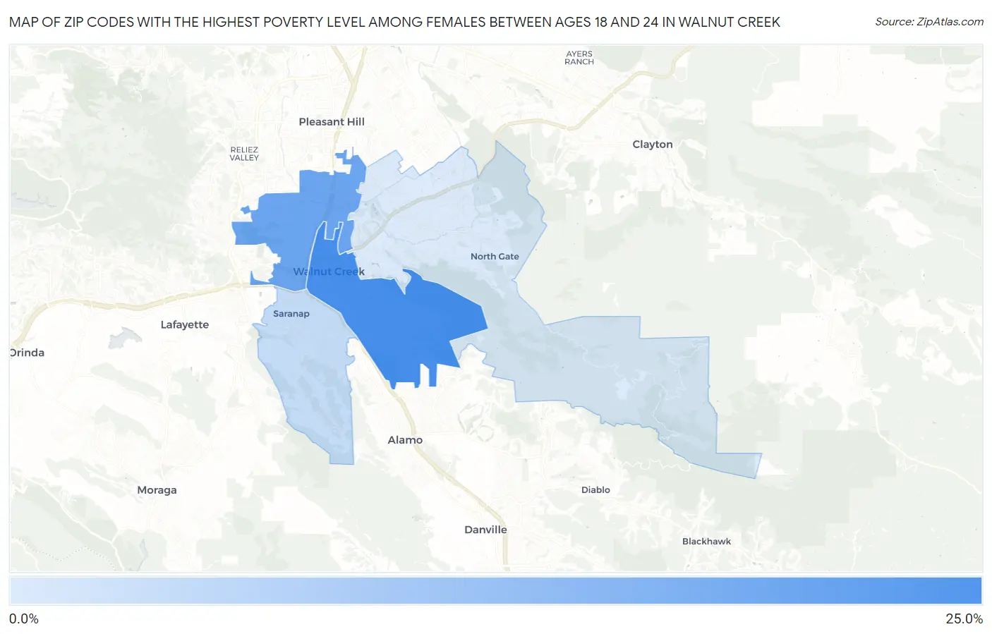 Zip Codes with the Highest Poverty Level Among Females Between Ages 18 and 24 in Walnut Creek Map