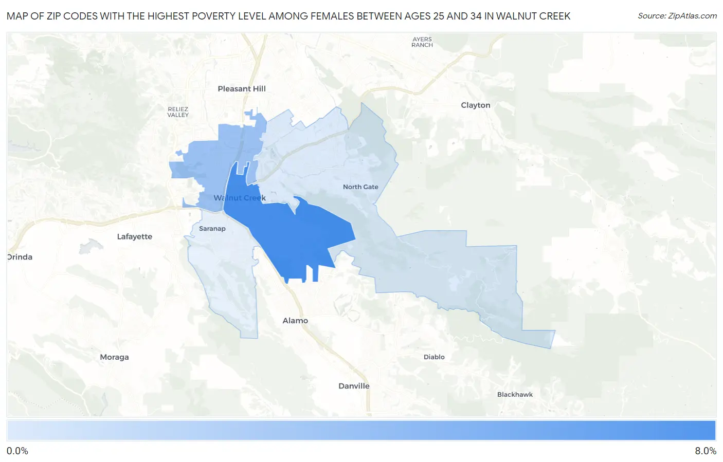 Zip Codes with the Highest Poverty Level Among Females Between Ages 25 and 34 in Walnut Creek Map