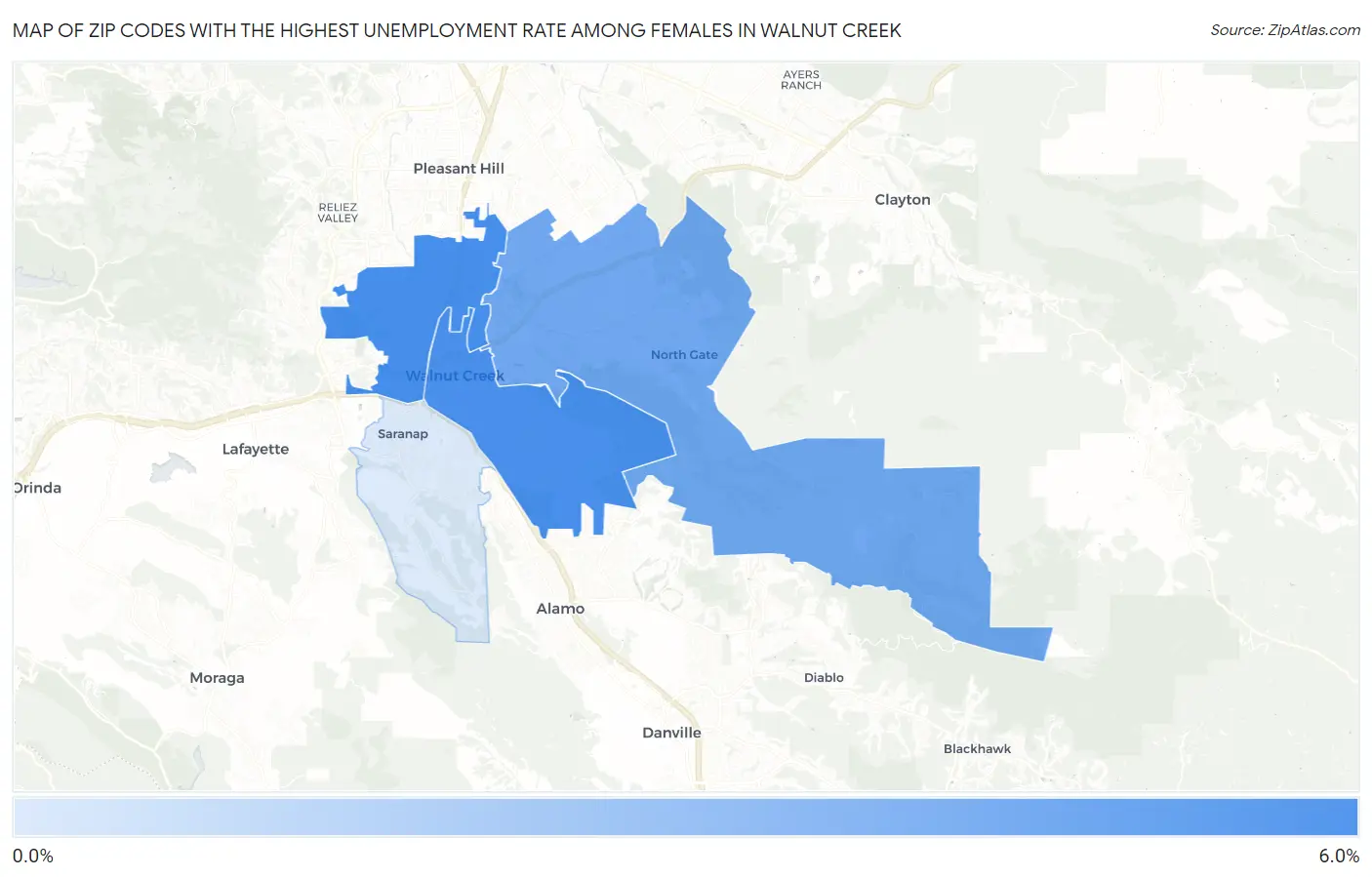 Zip Codes with the Highest Unemployment Rate Among Females in Walnut Creek Map