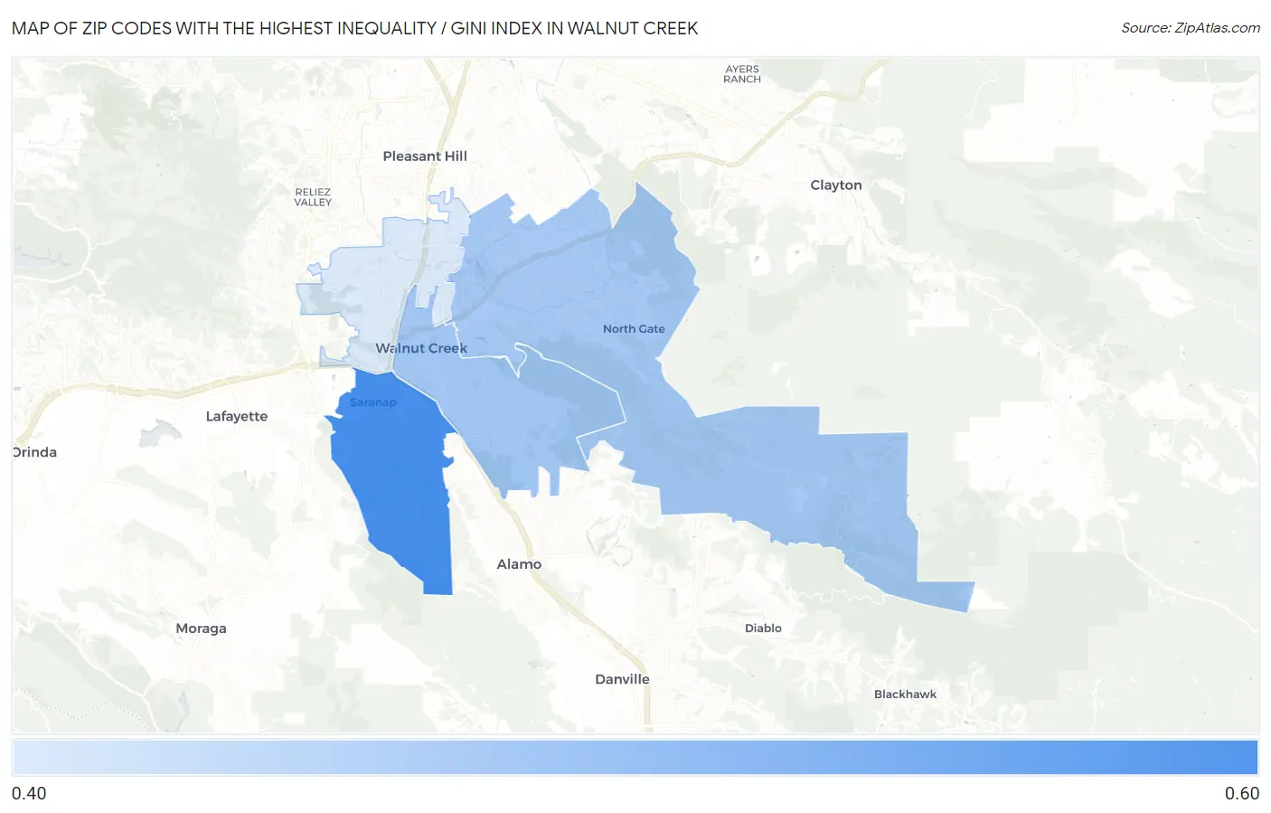 Zip Codes with the Highest Inequality / Gini Index in Walnut Creek Map