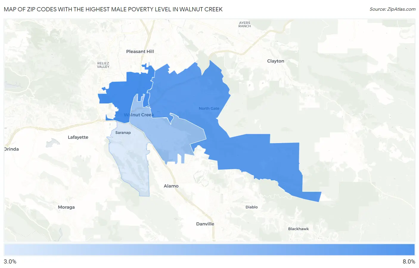 Zip Codes with the Highest Male Poverty Level in Walnut Creek Map