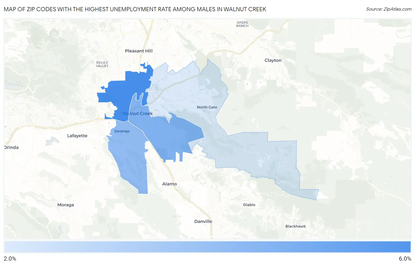 Zip Codes with the Highest Unemployment Rate Among Males in Walnut Creek Map