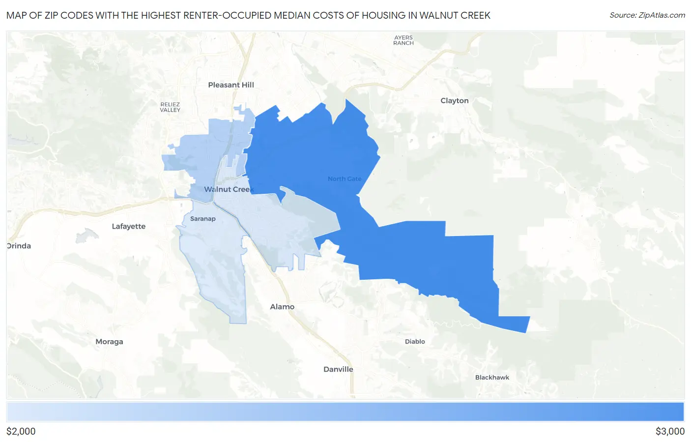 Zip Codes with the Highest Renter-Occupied Median Costs of Housing in Walnut Creek Map