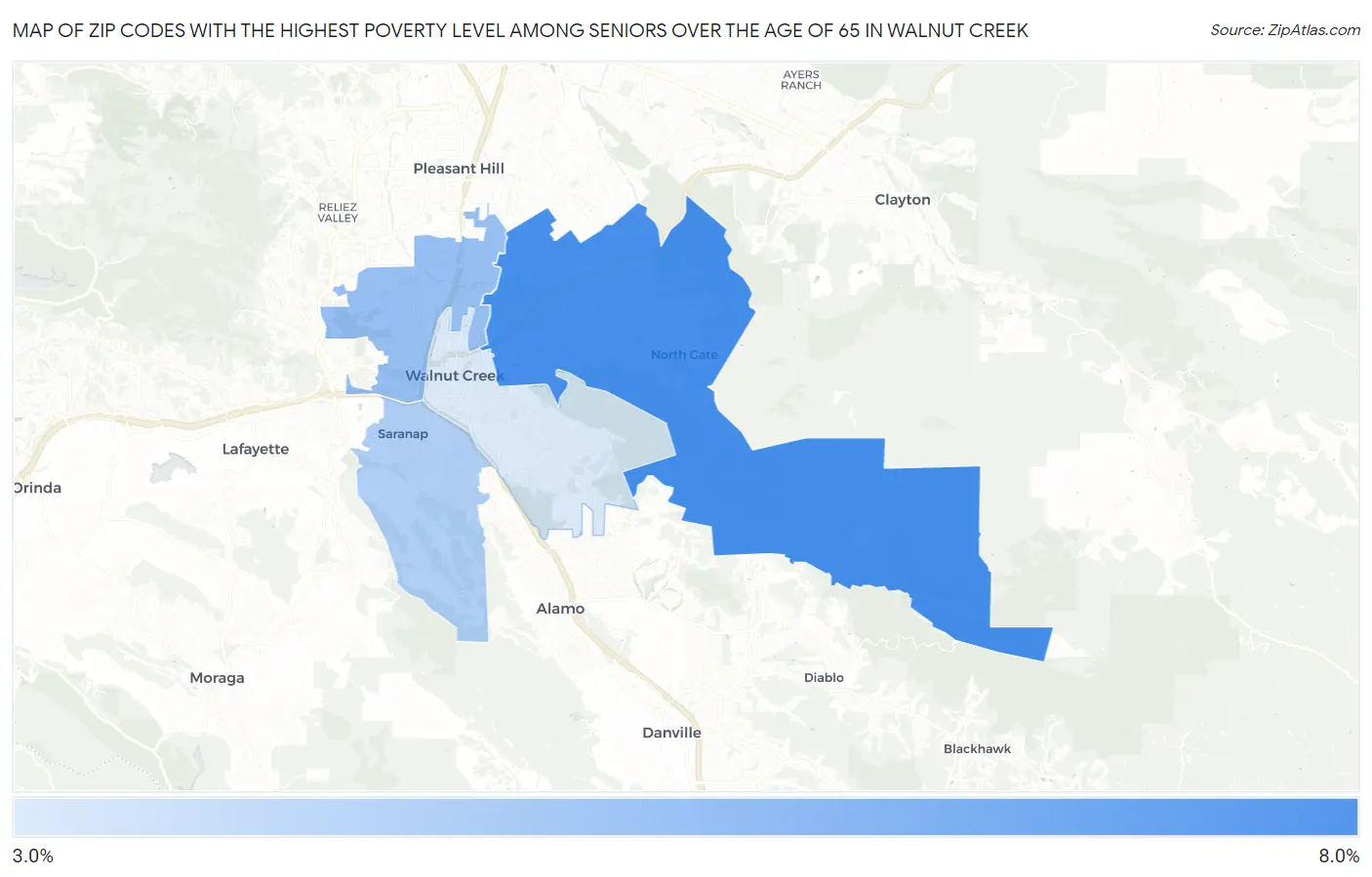 Zip Codes with the Highest Poverty Level Among Seniors Over the Age of 65 in Walnut Creek Map