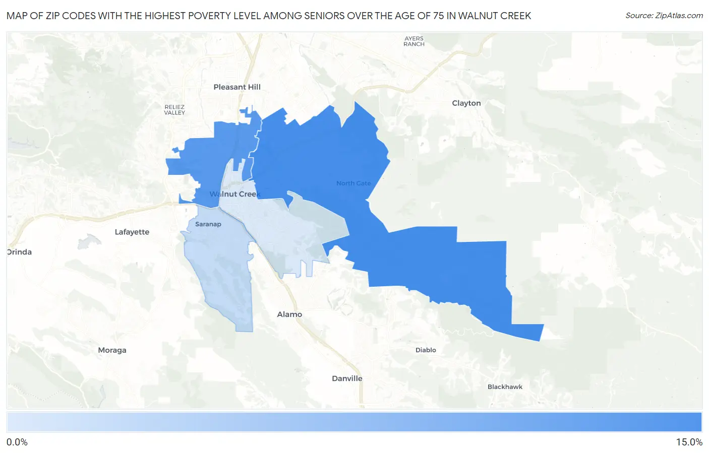 Zip Codes with the Highest Poverty Level Among Seniors Over the Age of 75 in Walnut Creek Map