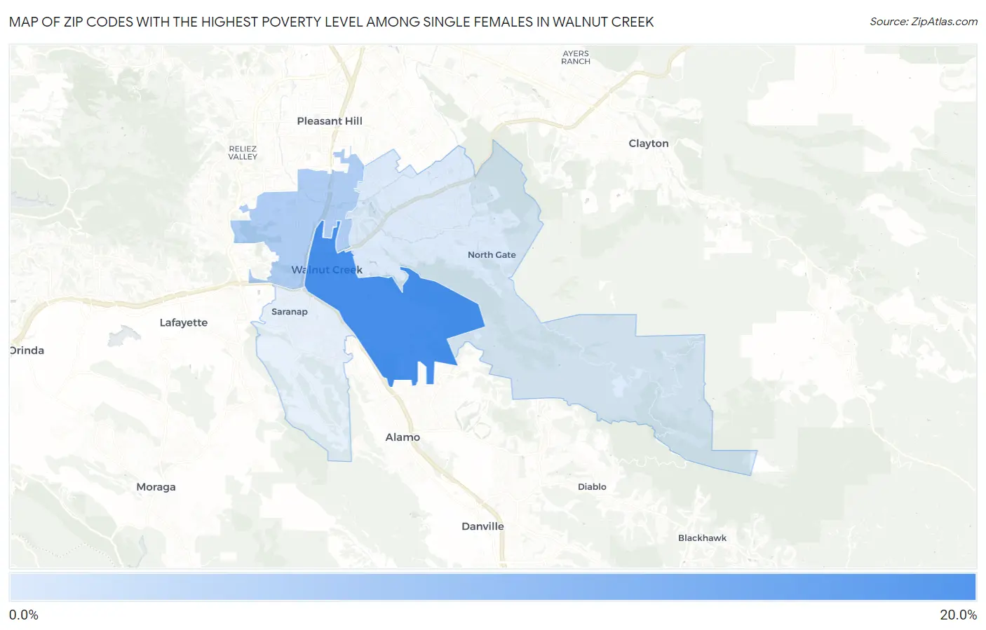 Zip Codes with the Highest Poverty Level Among Single Females in Walnut Creek Map