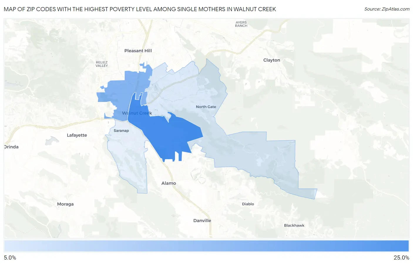 Zip Codes with the Highest Poverty Level Among Single Mothers in Walnut Creek Map