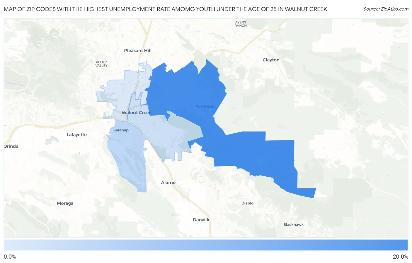 Zip Codes with the Highest Unemployment Rate Amomg Youth Under the Age of 25 in Walnut Creek Map