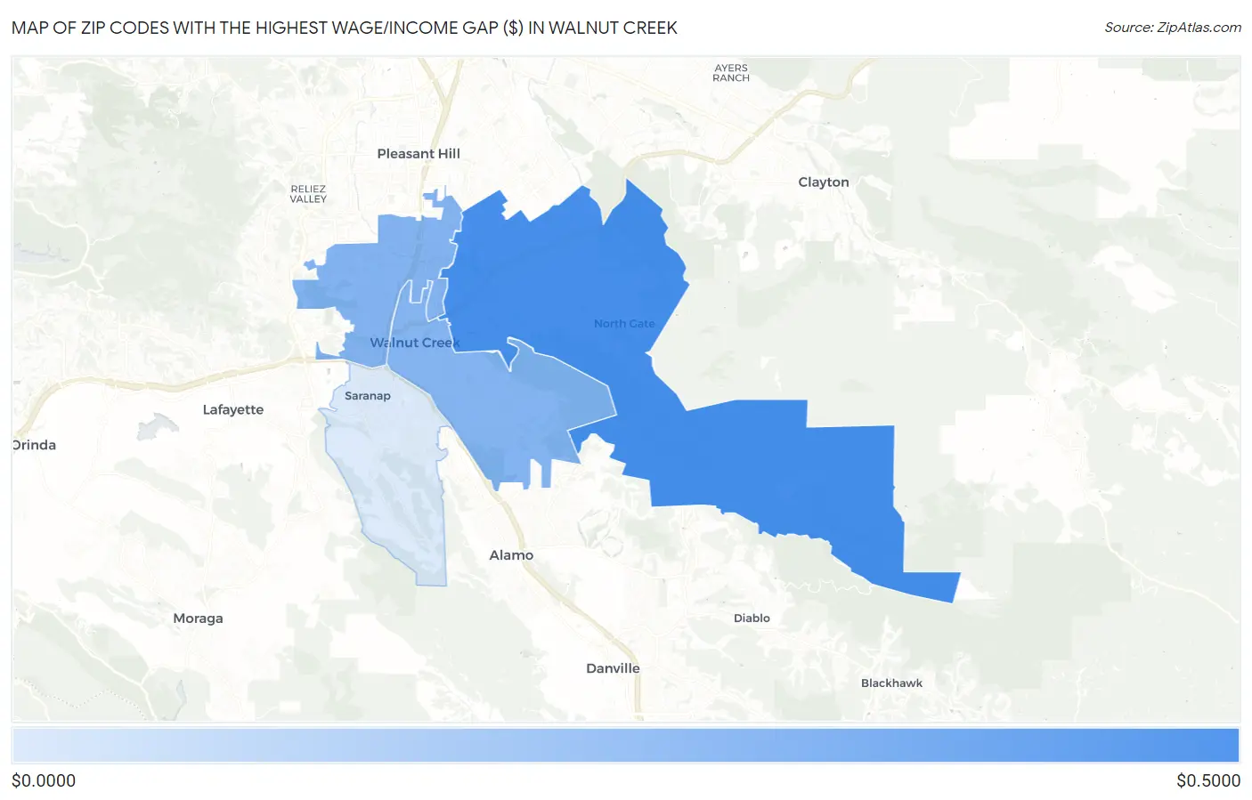 Zip Codes with the Highest Wage/Income Gap ($) in Walnut Creek Map
