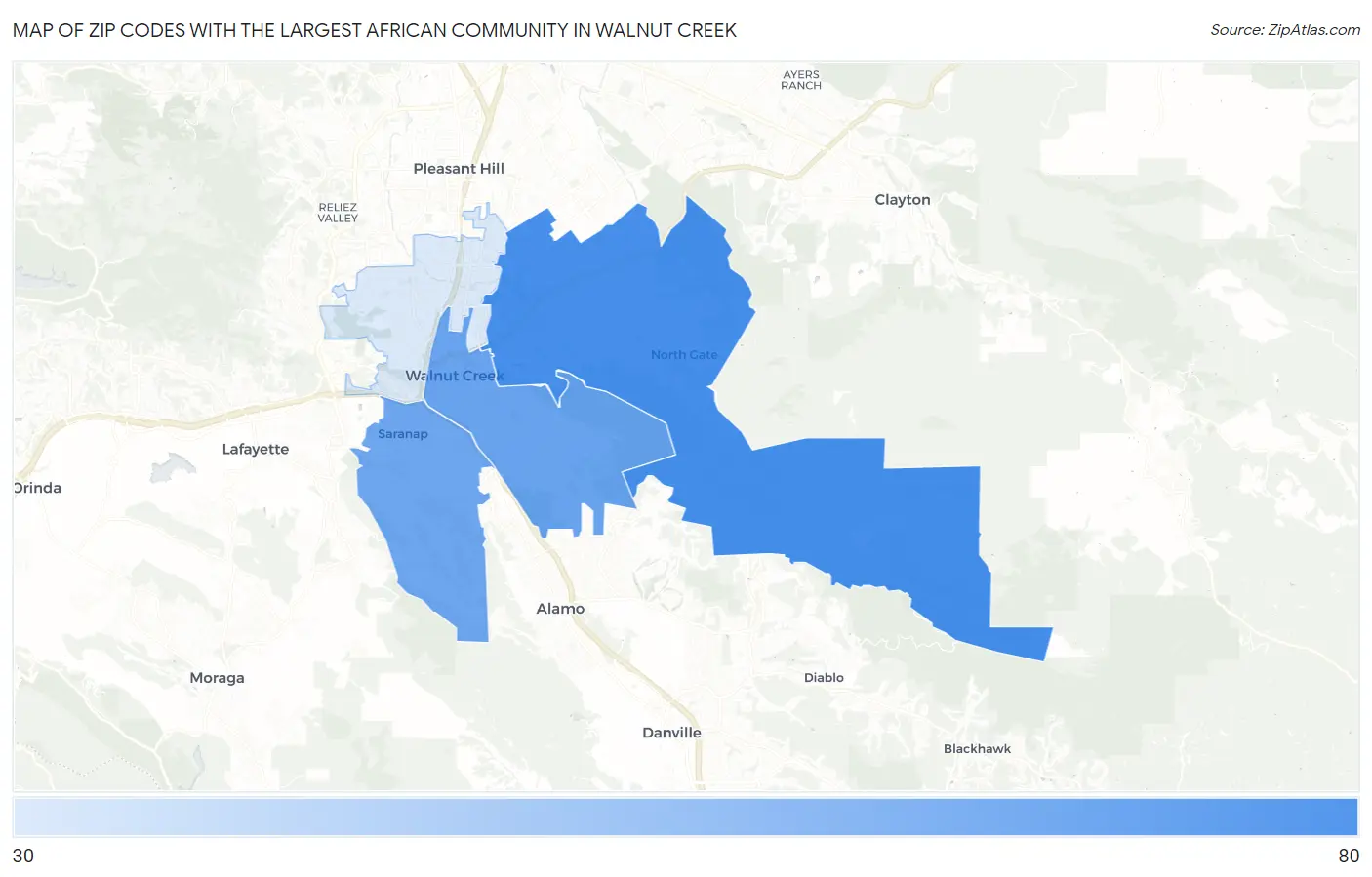 Zip Codes with the Largest African Community in Walnut Creek Map