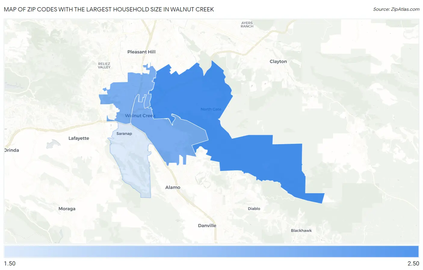 Zip Codes with the Largest Household Size in Walnut Creek Map