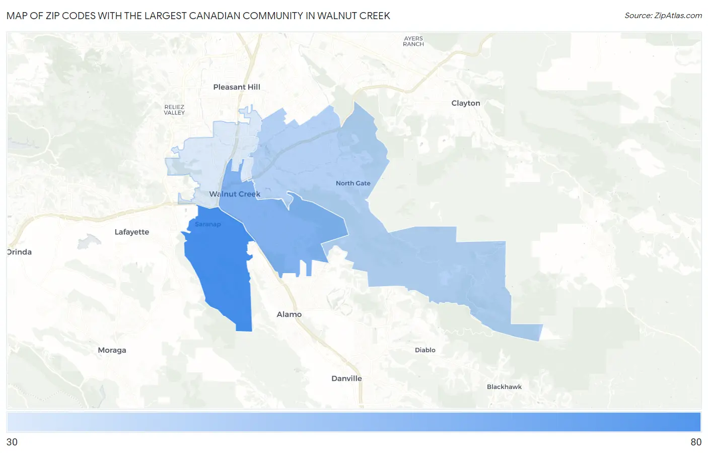 Zip Codes with the Largest Canadian Community in Walnut Creek Map
