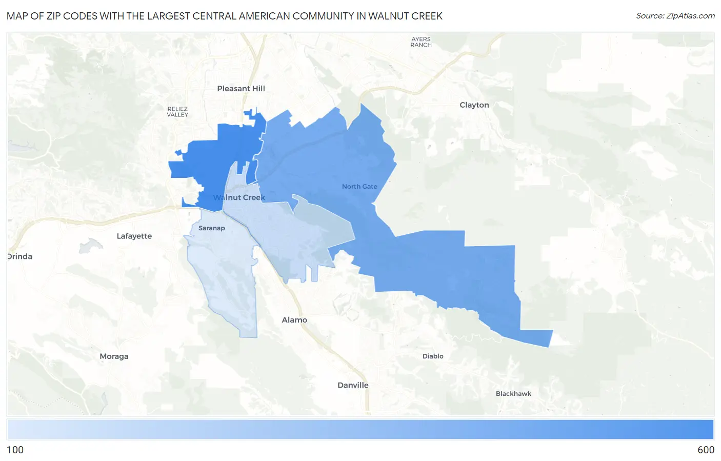 Zip Codes with the Largest Central American Community in Walnut Creek Map