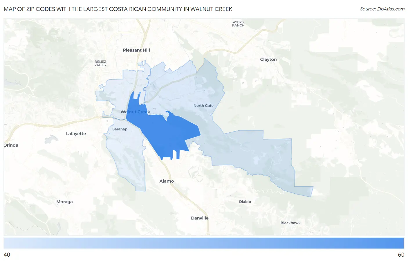 Zip Codes with the Largest Costa Rican Community in Walnut Creek Map