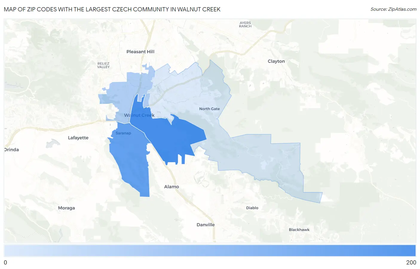 Zip Codes with the Largest Czech Community in Walnut Creek Map