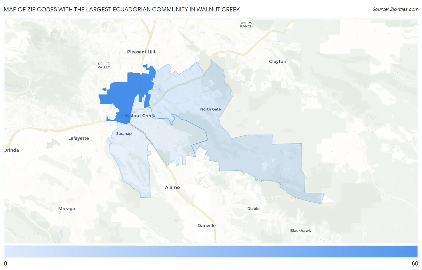 Zip Codes with the Largest Ecuadorian Community in Walnut Creek Map