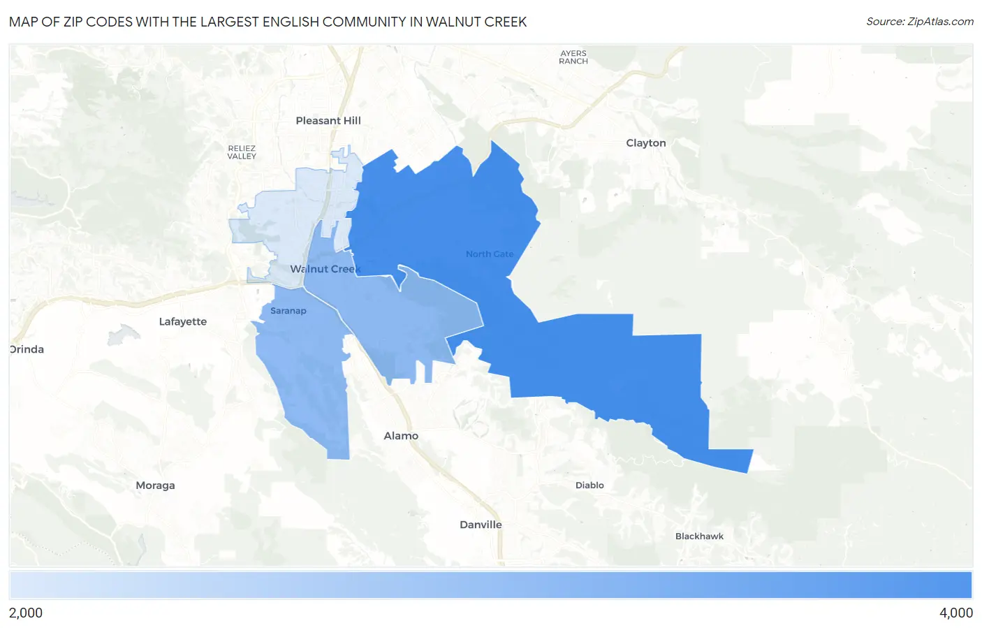 Zip Codes with the Largest English Community in Walnut Creek Map
