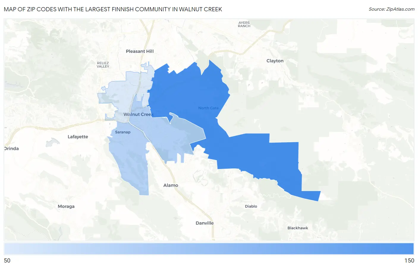Zip Codes with the Largest Finnish Community in Walnut Creek Map