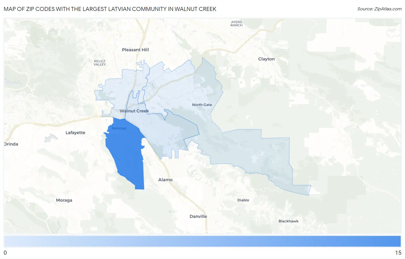 Zip Codes with the Largest Latvian Community in Walnut Creek Map