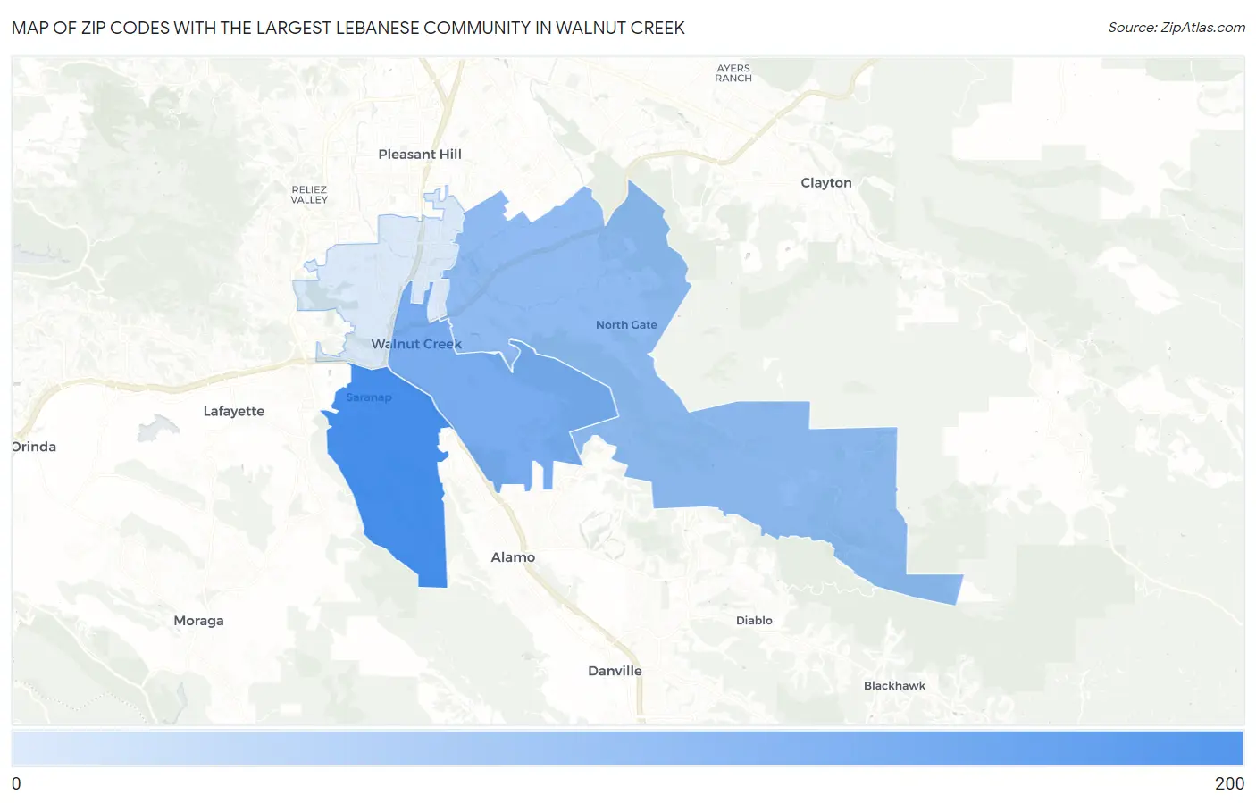 Zip Codes with the Largest Lebanese Community in Walnut Creek Map