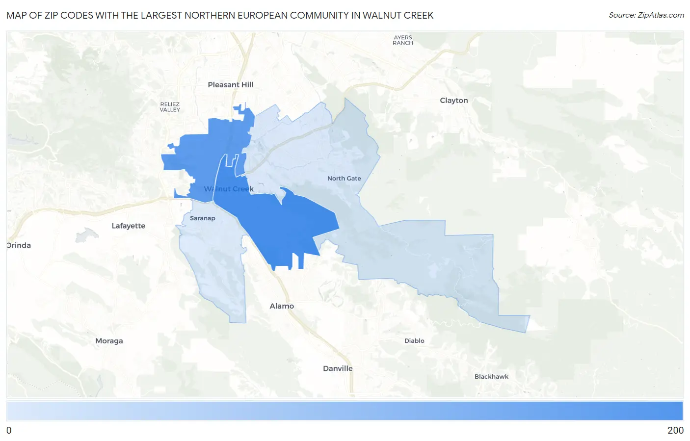 Zip Codes with the Largest Northern European Community in Walnut Creek Map