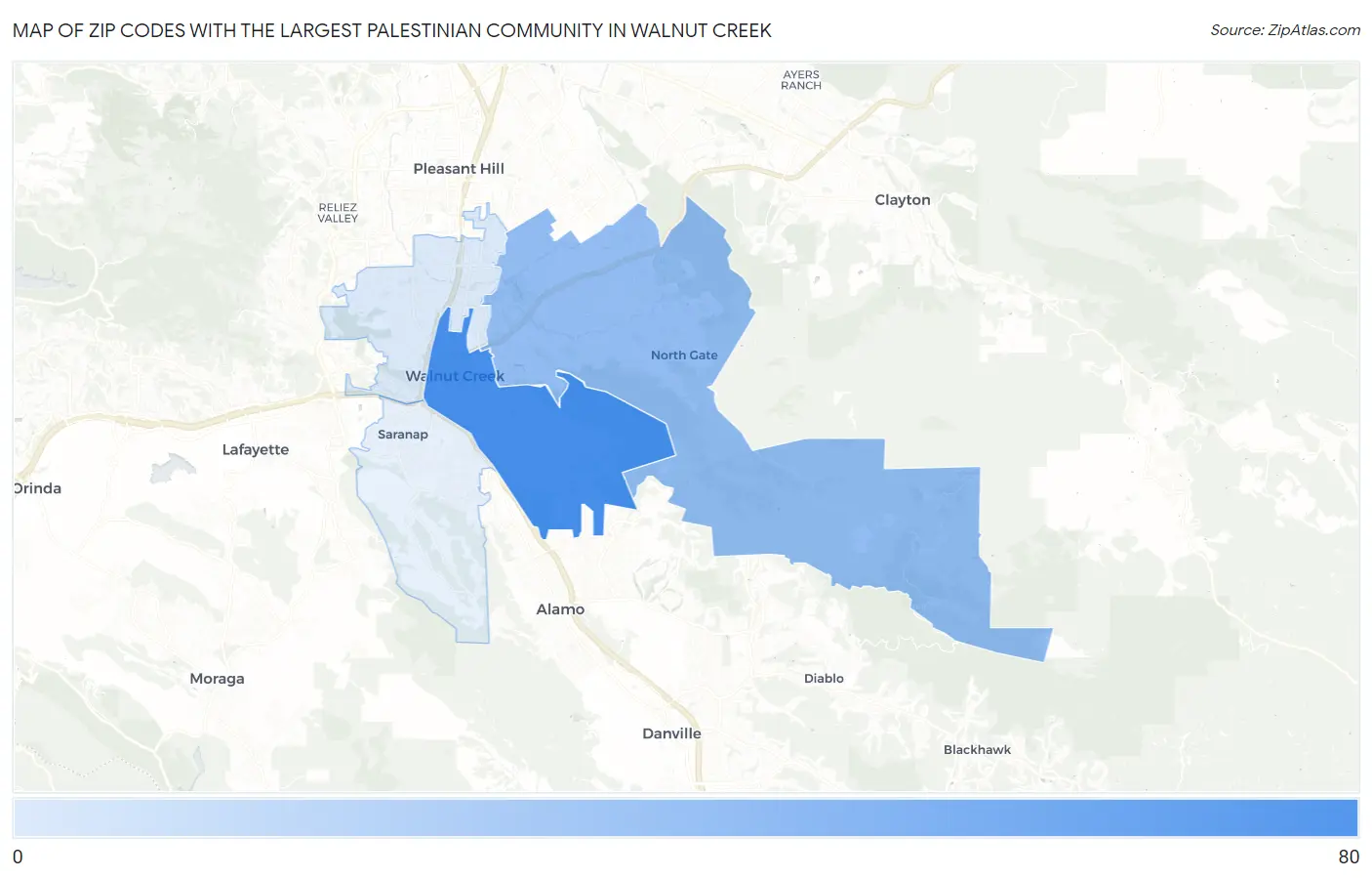 Zip Codes with the Largest Palestinian Community in Walnut Creek Map