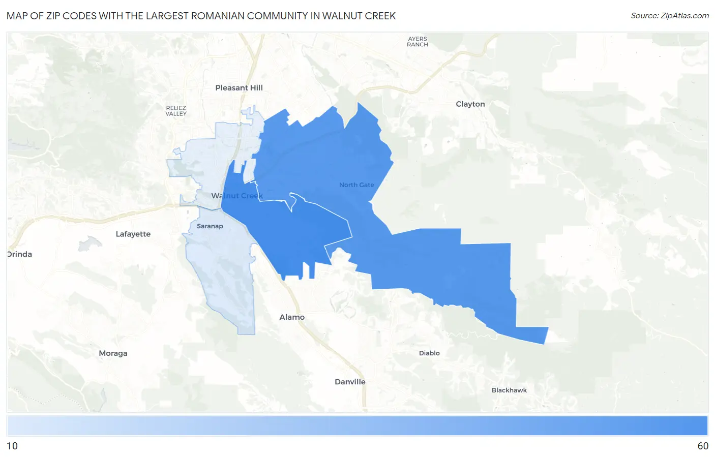 Zip Codes with the Largest Romanian Community in Walnut Creek Map